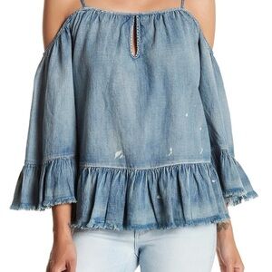 BlankNYC Denim Cold Shoulder Ruffle Hem Denim Shirt Next In Line Size M NWT New